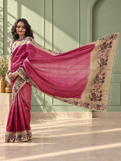 Pink Tussar Silk Katha Print Saree with Parrot Pallu