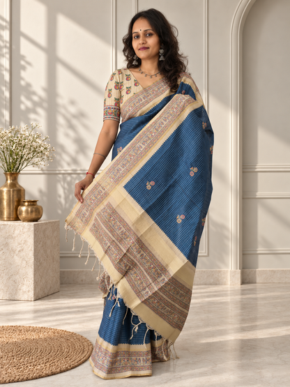 Madhubani Folk Art Dusty Slate Blue Tussar Silk Saree
