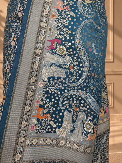 Teal Blue Pure Mashru Silk Handwoven Banarasi Saree with Rich Zari Border