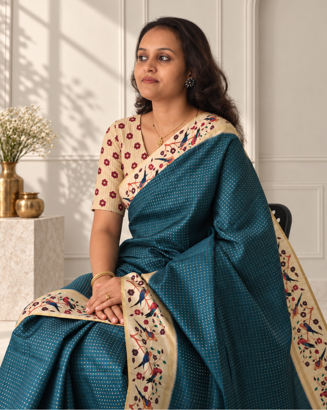 bird & floral print deep teal blue tussar silk saree