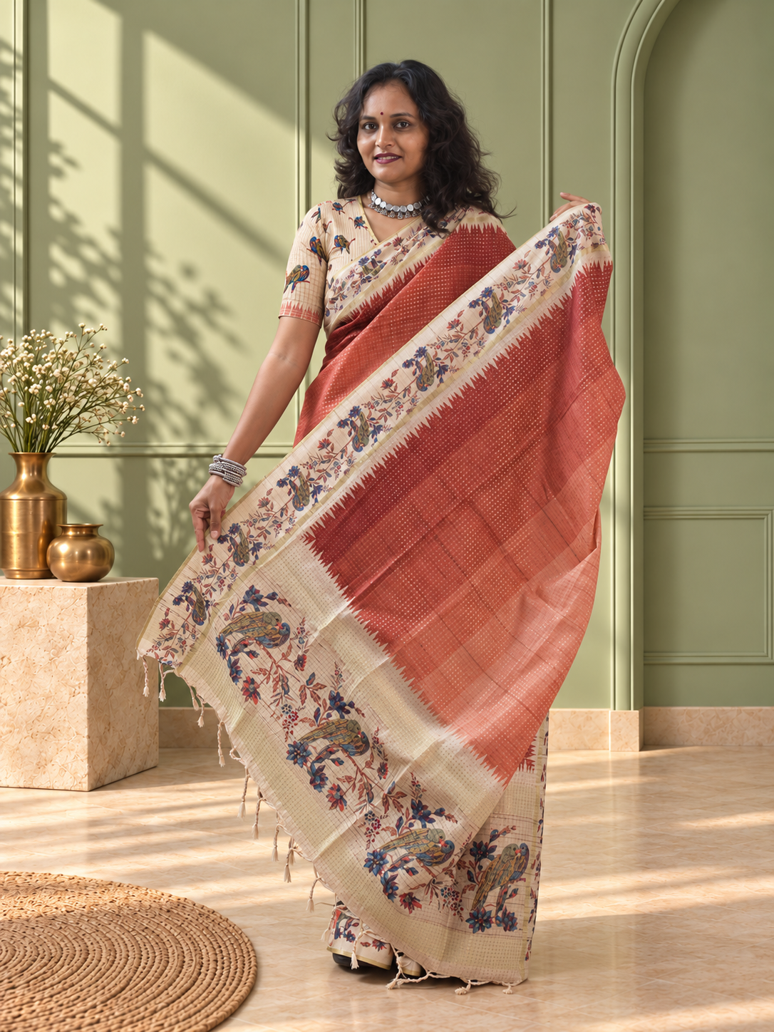Terracotta Tussar Silk Katha Print Saree with Parrot Pallu