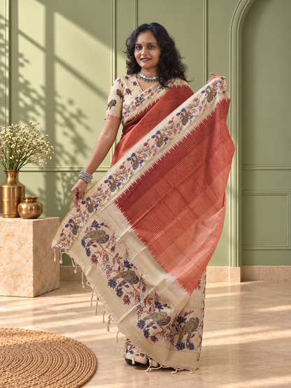 Terracotta Tussar Silk Katha Print Saree with Parrot Pallu