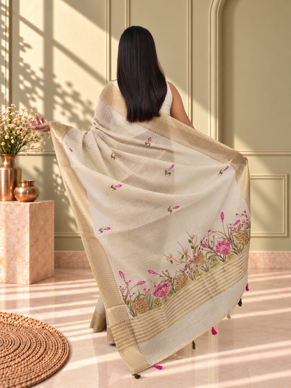 Ivory Linen Saree with Hand Embroidered Pink Florals