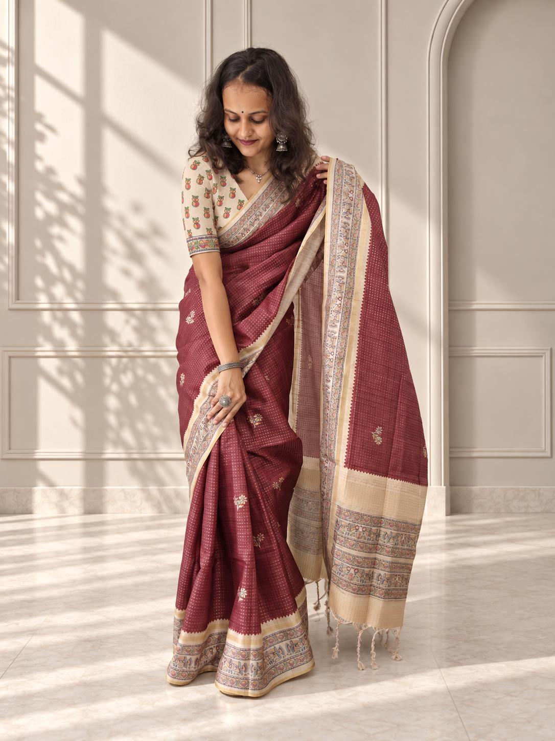madhubani folk art muted terracotta tussar silk saree