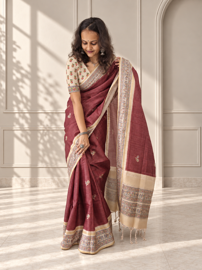 Madhubani Folk Art Muted Terracotta Tussar Silk Saree