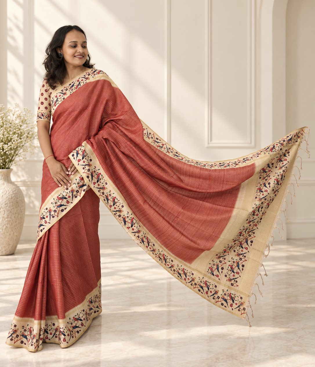 Bird & Floral Print Muted Terracotta Tussar Silk Saree