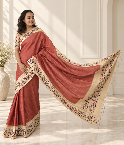 Bird & Floral Print Muted Terracotta Tussar Silk Saree