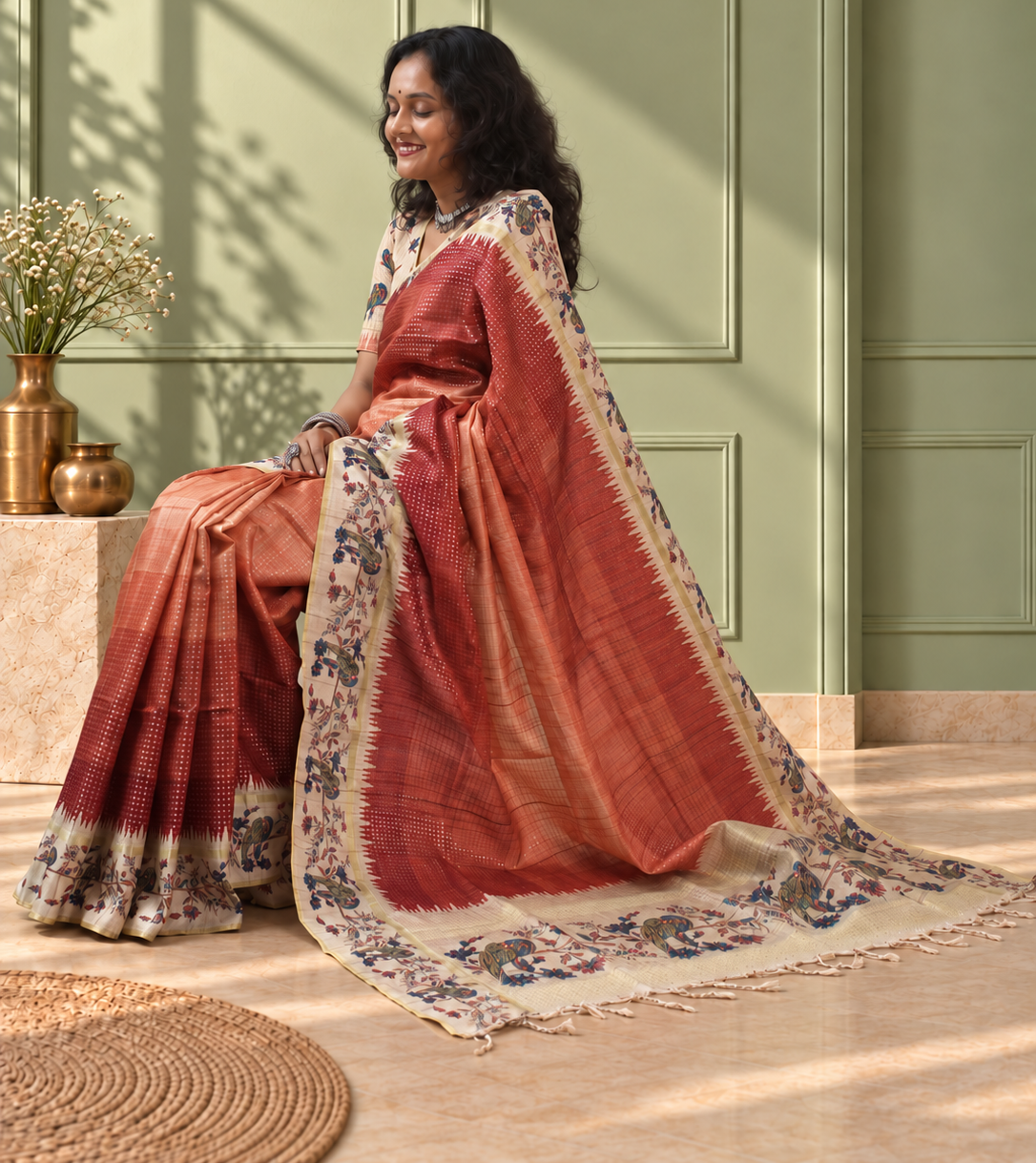 Terracotta Tussar Silk Katha Print Saree with Parrot Pallu