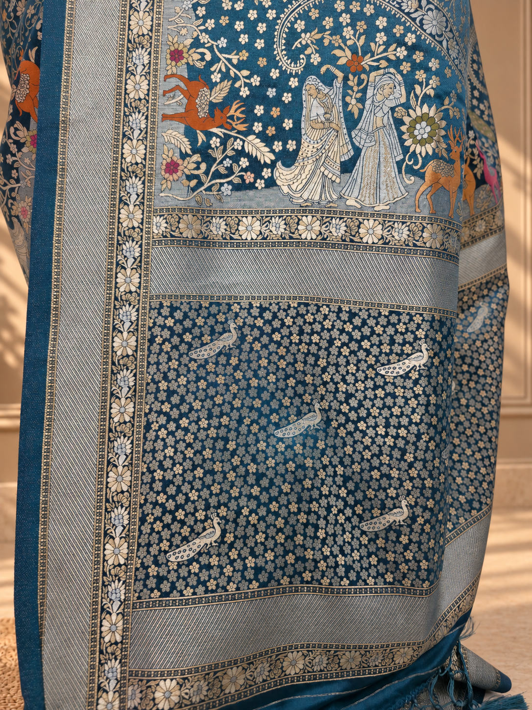 Teal Blue Pure Mashru Silk Handwoven Banarasi Saree with Rich Zari Border