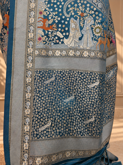 Teal Blue Pure Mashru Silk Handwoven Banarasi Saree with Rich Zari Border