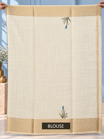Ivory Linen Saree with Hand Embroidered Peacock Blue Florals