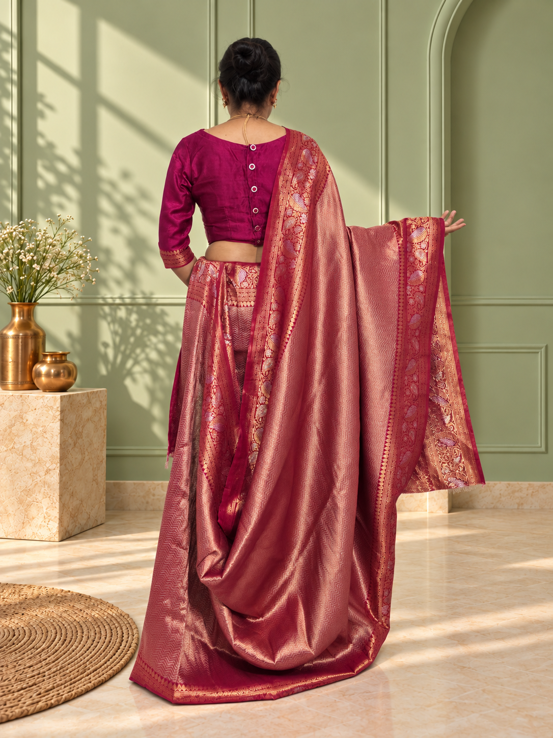 Rosewood Wine Uppada Pure Silk Saree with Floral Nakshatra Border