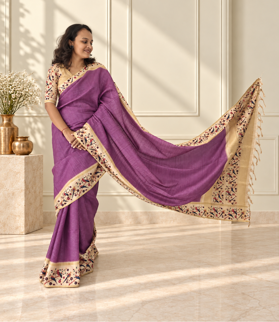 Bird & Floral Print Muted Plum Purple Tussar Silk Saree