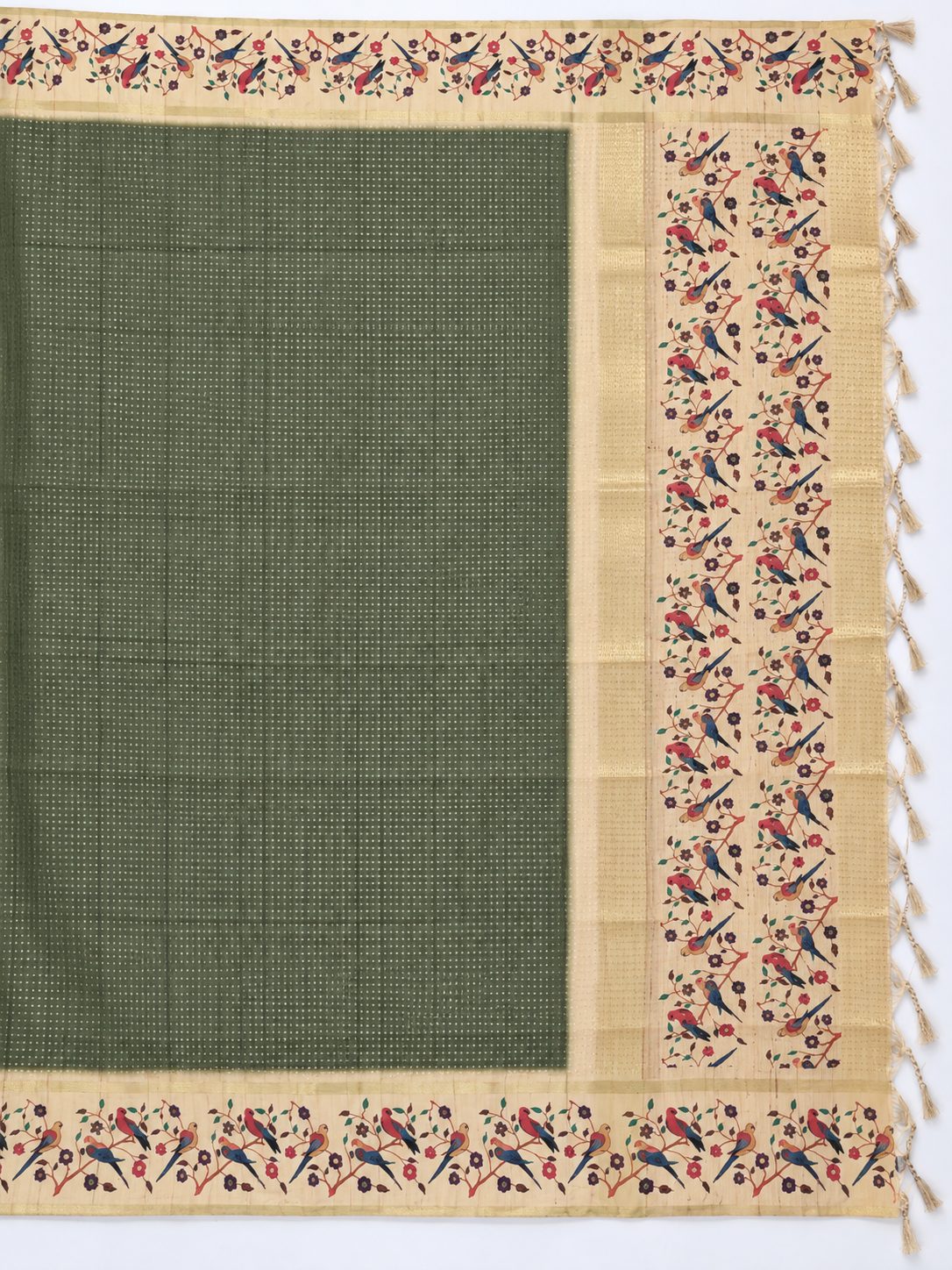 Bird & Floral Print Deep Olive Green Tussar Silk Saree