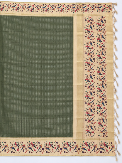 Bird & Floral Print Deep Olive Green Tussar Silk Saree