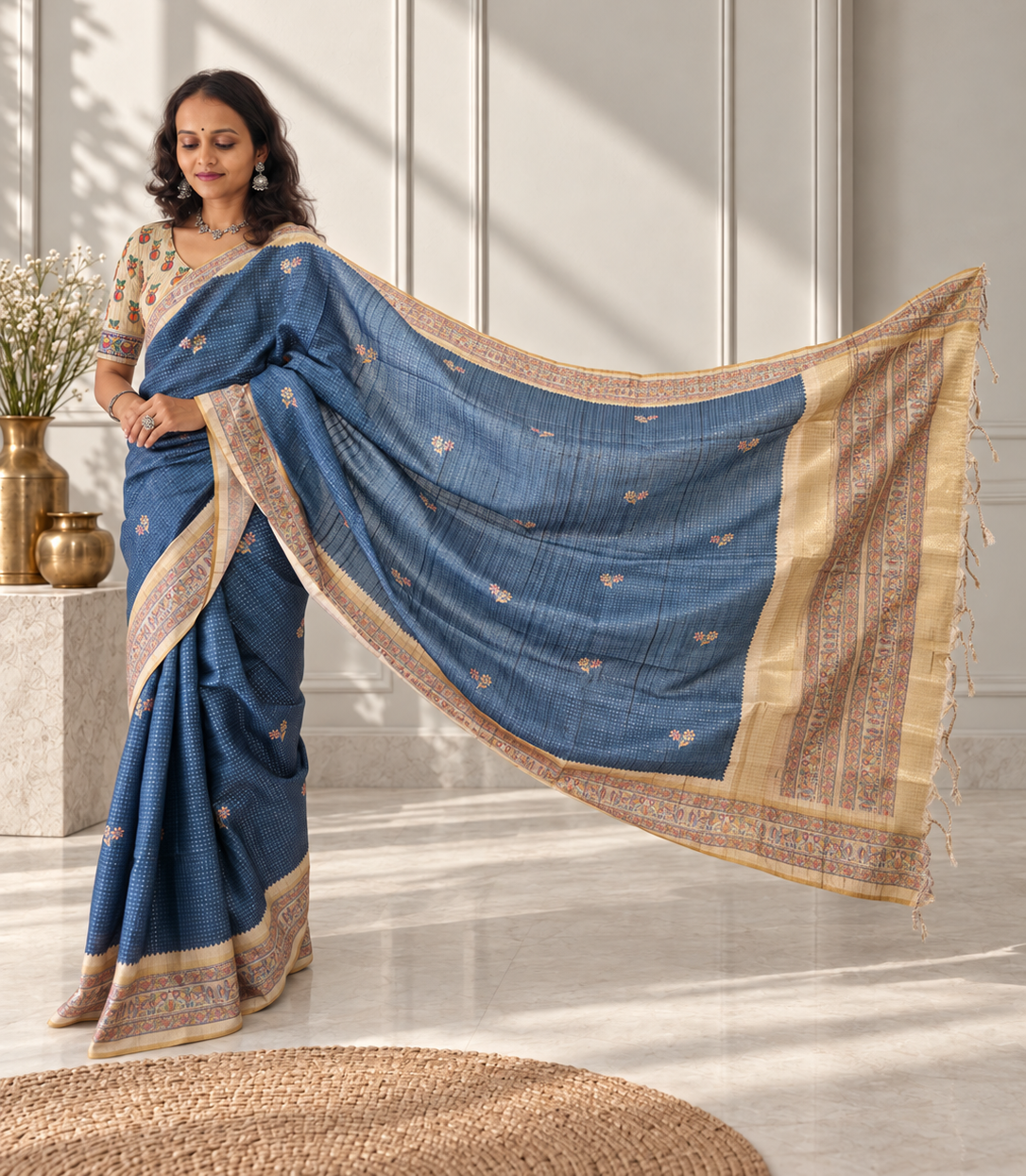 Madhubani Folk Art Dusty Slate Blue Tussar Silk Saree
