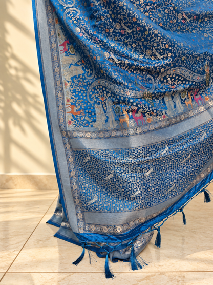 Royal Blue Pure Mashru Silk Handwoven Banarasi Saree with Rich Zari Border