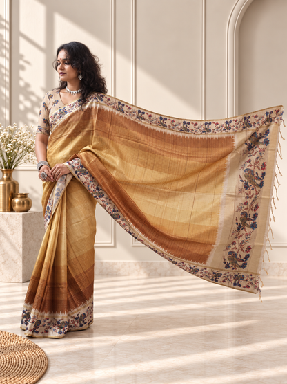 Copper Brown Tussar Silk Katha Print Saree with Parrot Pallu