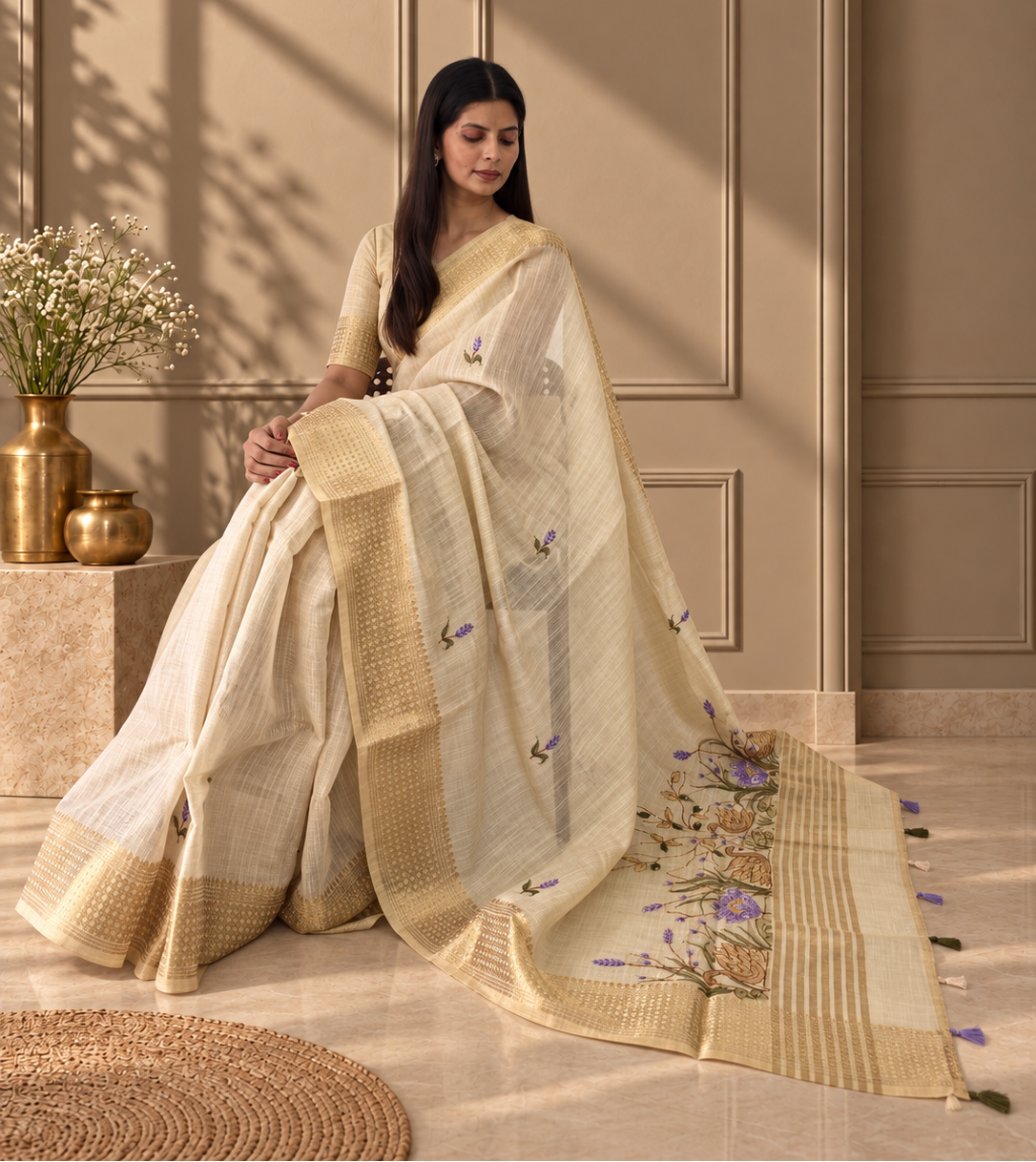 Ivory Linen Saree with Hand Embroidered Purple Florals