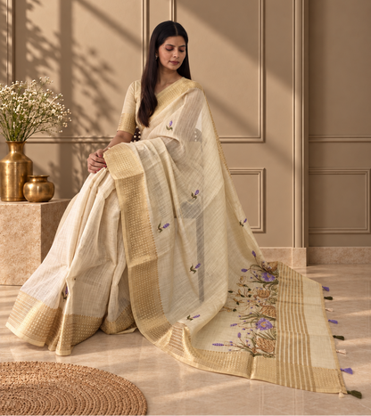 Ivory Linen Saree with Hand Embroidered Purple Florals