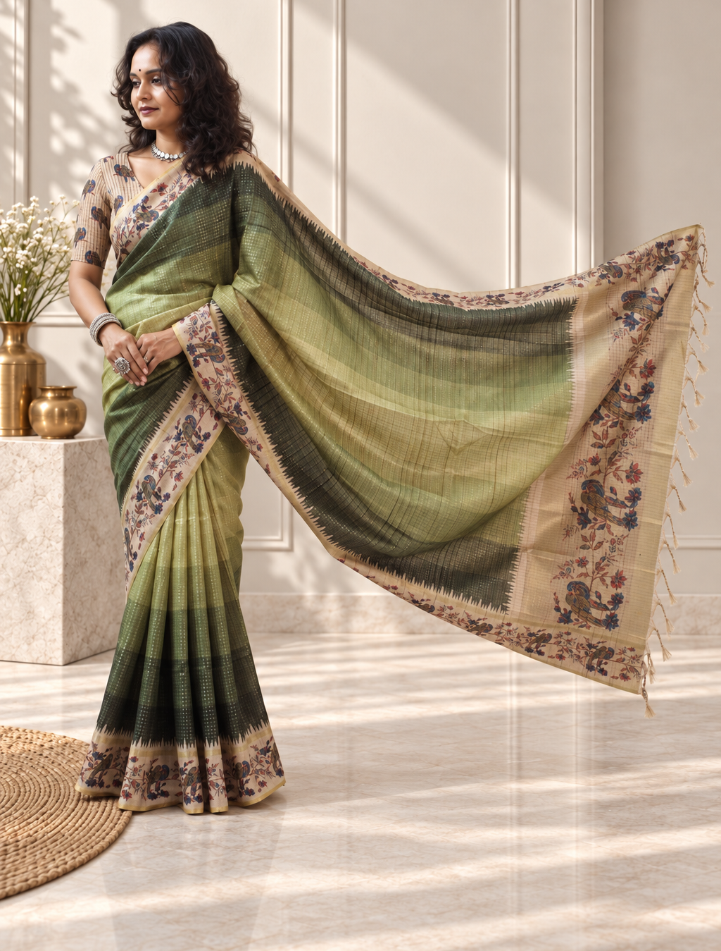 Olive Green Tussar Silk Katha Print Saree with Parrot Pallu