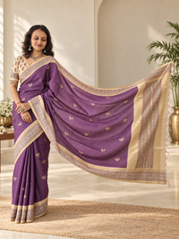 Madhubani Folk Art Mauve Purple Tussar Silk Saree
