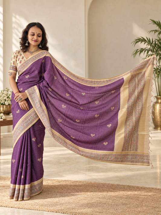Madhubani Folk Art Mauve Purple Tussar Silk Saree