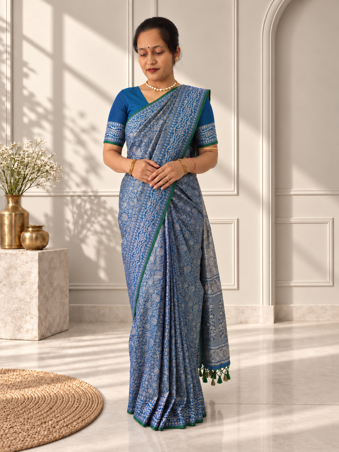 blue crepe jaal silk saree with matching floral border