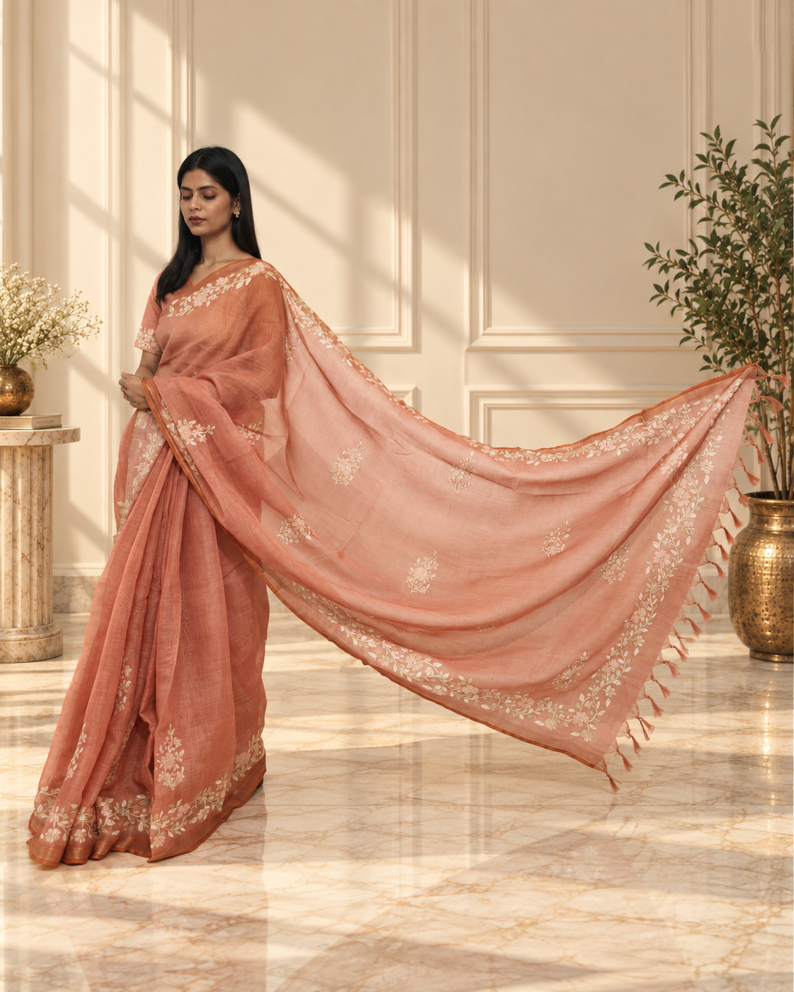 Muted Terracotta Linen Saree with Handcrafted Aari Floral Embroidery