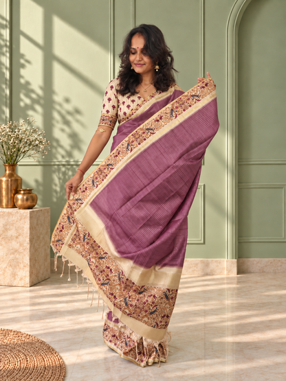Ornate Floral Border Mauve Purple Tussar Silk Saree