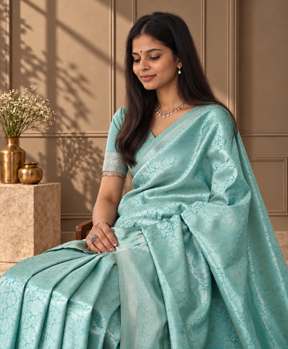 Pale Aqua Blue Banarasi Silk Saree with Floral Jaal & Rich Woven Border
