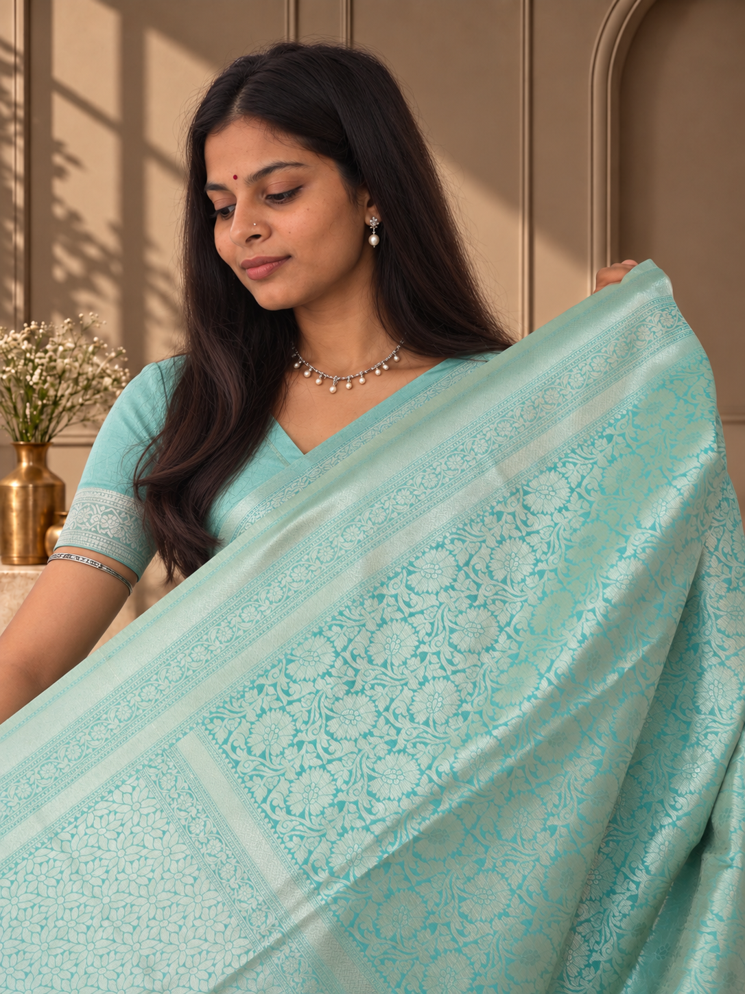 pale aqua blue banarasi silk saree with floral jaal & rich woven border