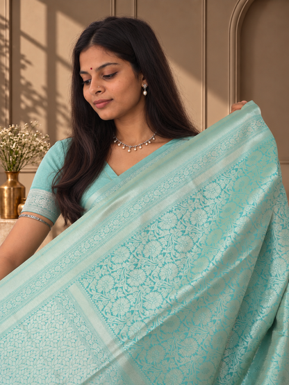 Pale Aqua Blue Banarasi Silk Saree with Floral Jaal & Rich Woven Border