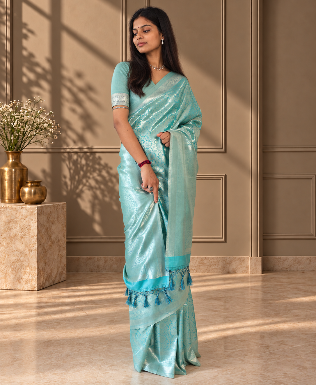 Pale Aqua Blue Banarasi Silk Saree with Floral Jaal & Rich Woven Border