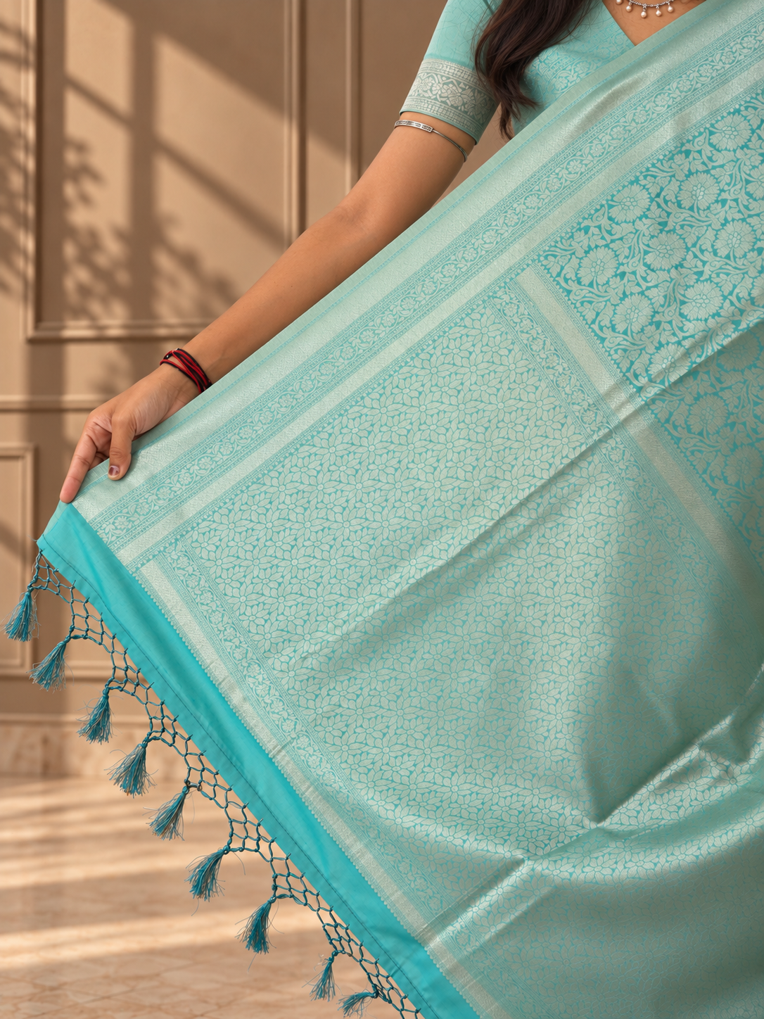 pale aqua blue banarasi silk saree with floral jaal & rich woven border