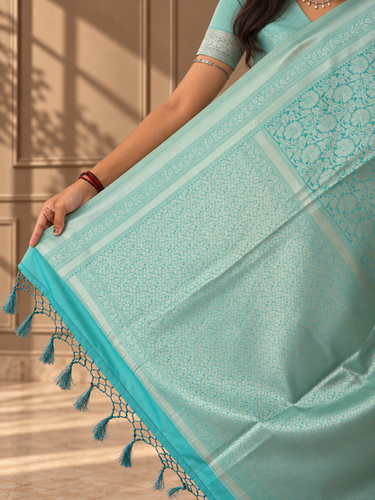Pale Aqua Blue Banarasi Silk Saree with Floral Jaal & Rich Woven Border