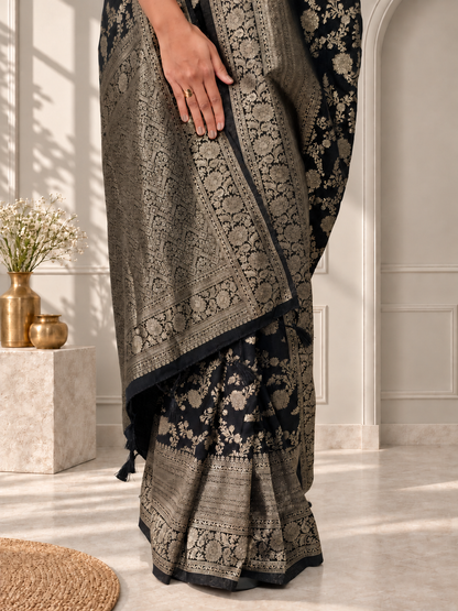 Black Pure Katan Silk Banarasi Handloom Saree