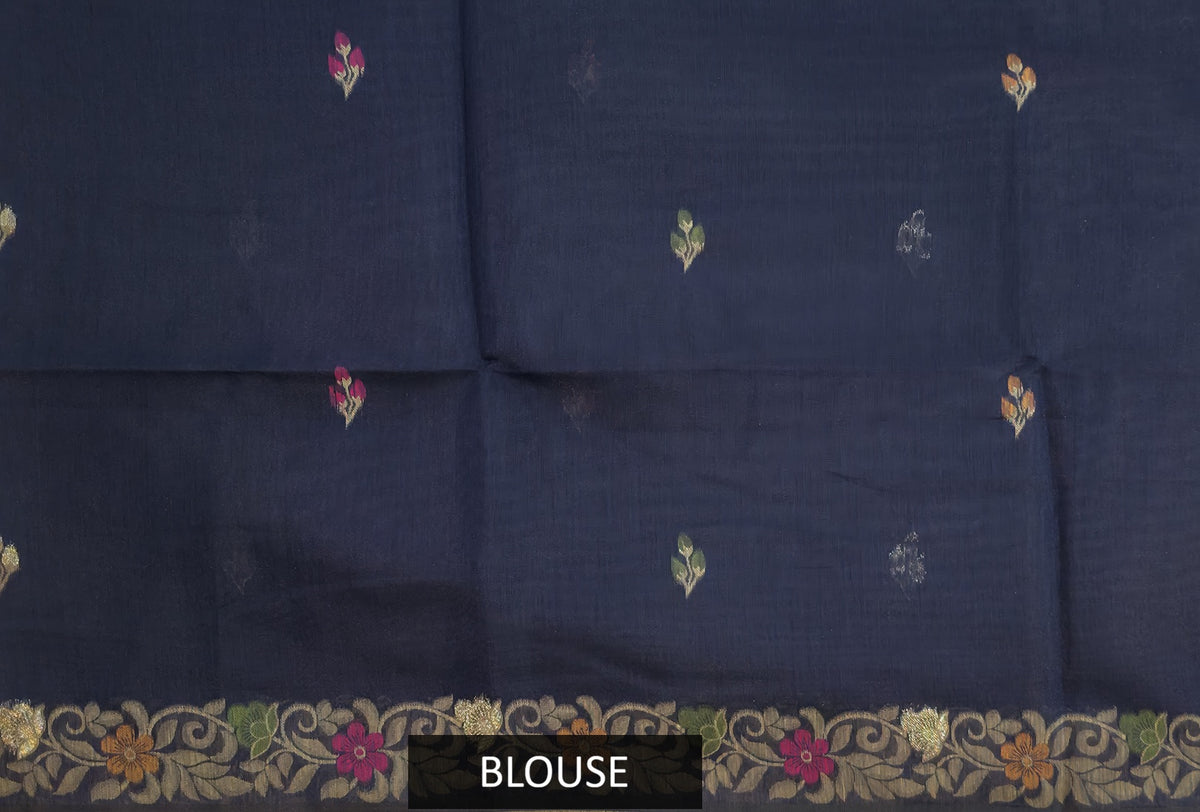 navy blue cotton handwoven jamdani saree with multicolour floral design