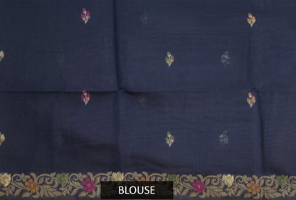 Navy Blue Cotton Handwoven Jamdani Saree with Multicolour Floral Design