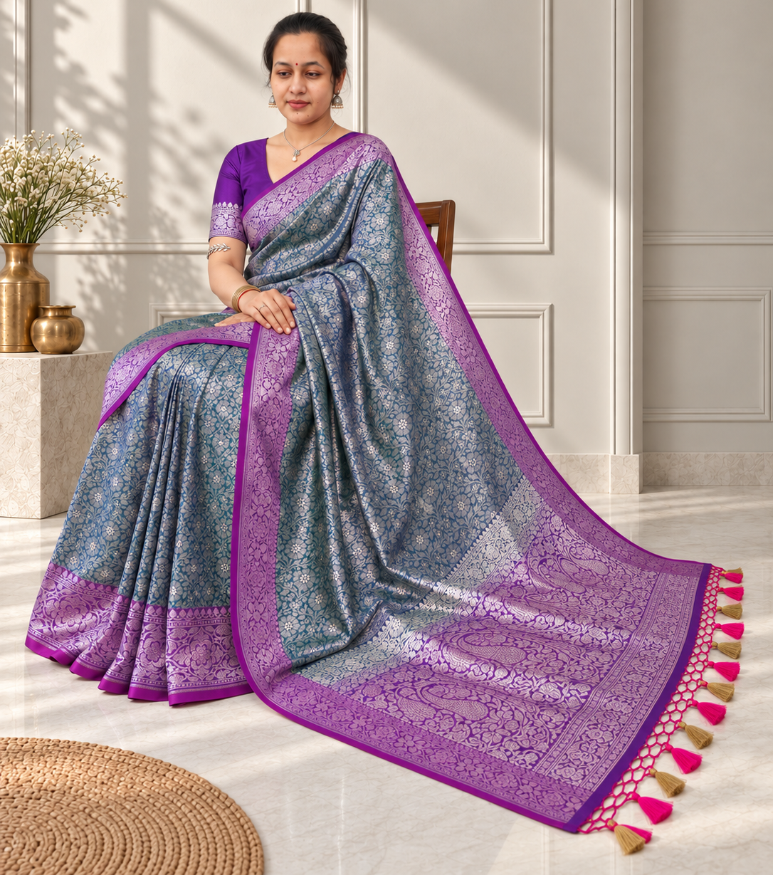 Teal Blue Crepe Jaal Silk Saree with Contrasting Floral Border