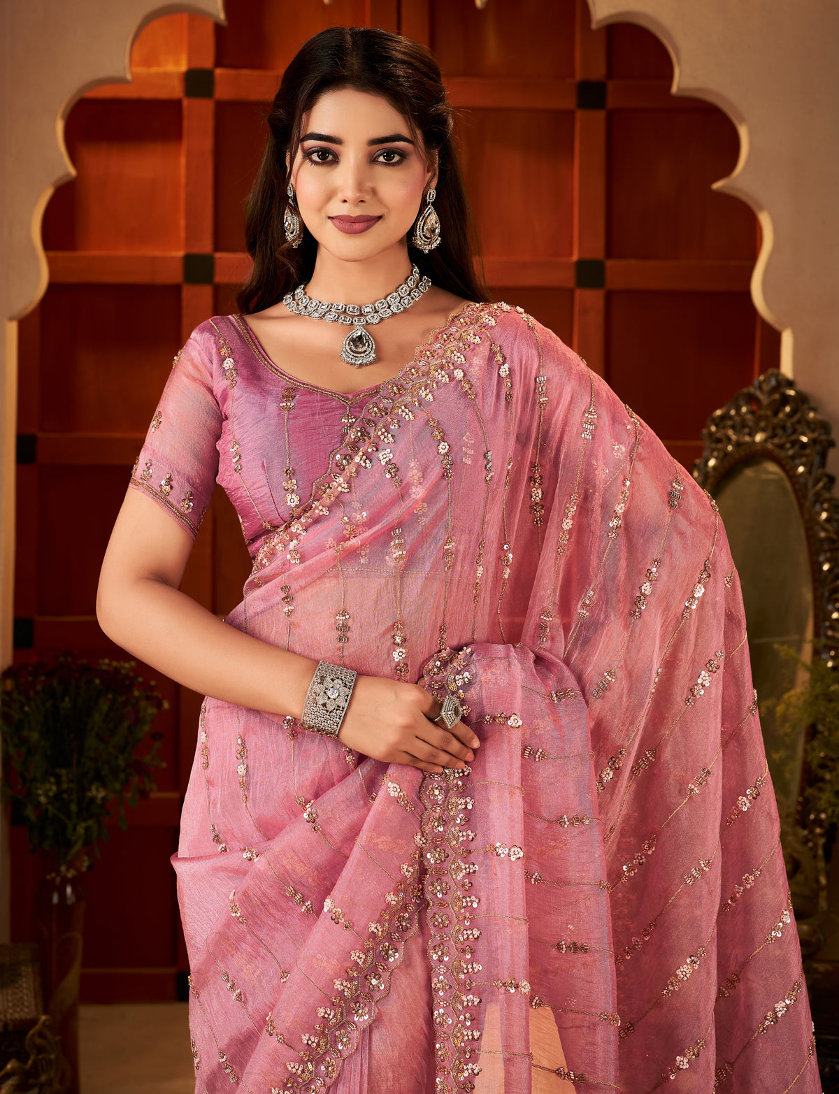 Blush Pink Floral Stripe Tissue Silk Saree for festive celebrations