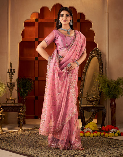 Floral stripe pattern on Blush Pink Tissue Silk Saree with shimmer finish