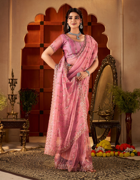 Floral stripe pattern on Blush Pink Tissue Silk Saree with shimmer finish