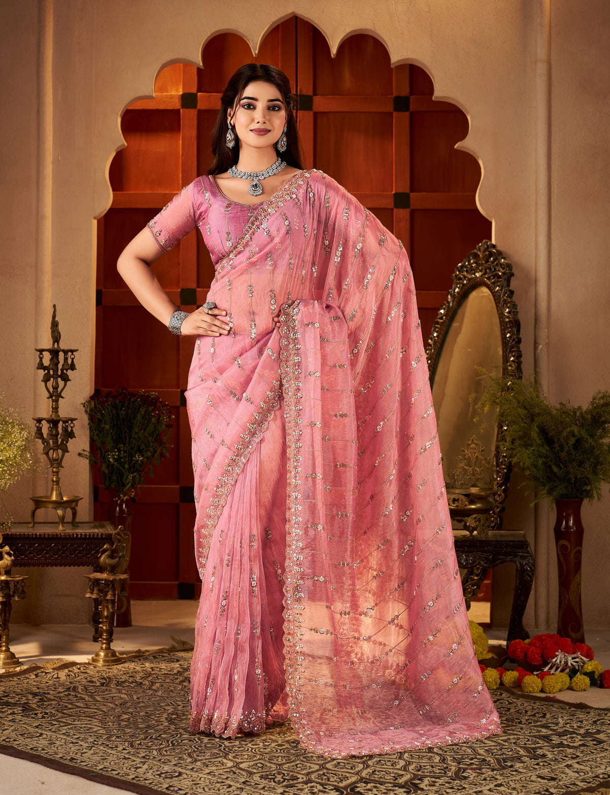 Model wearing Blush Pink Floral Stripe Tissue Silk Saree with Hand Work front view