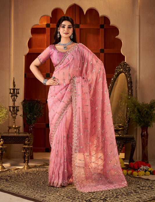 Model wearing Blush Pink Floral Stripe Tissue Silk Saree with Hand Work front view