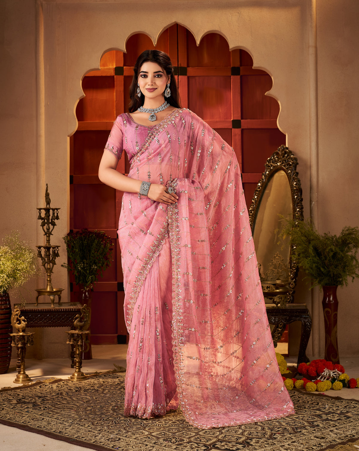 Complete view of Blush Pink Floral Stripe Tissue Silk Saree with blouse piece