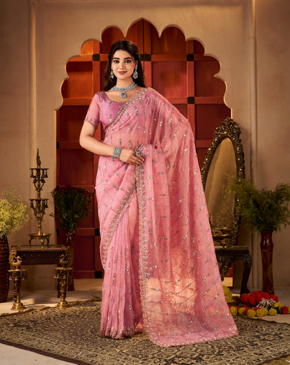 Complete view of Blush Pink Floral Stripe Tissue Silk Saree with blouse piece