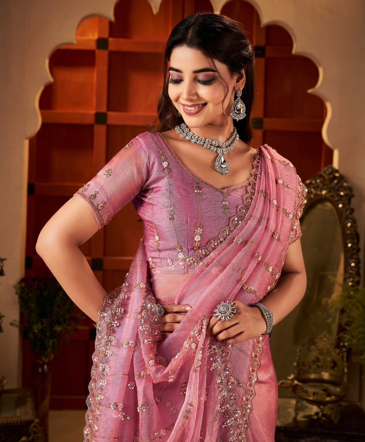 Model showcasing Blush Pink Floral Stripe Tissue Silk Saree with hand work