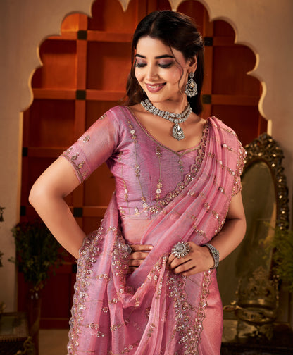 Model showcasing Blush Pink Floral Stripe Tissue Silk Saree with hand work