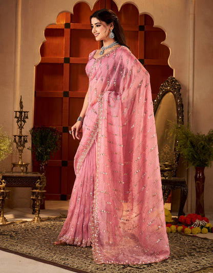 Close-up of Blush Pink Floral Stripe Tissue Silk Saree with intricate hand work